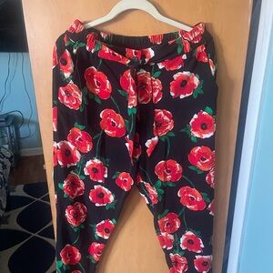 Black Floral Tie-Waist Pants with Red Poppy Print